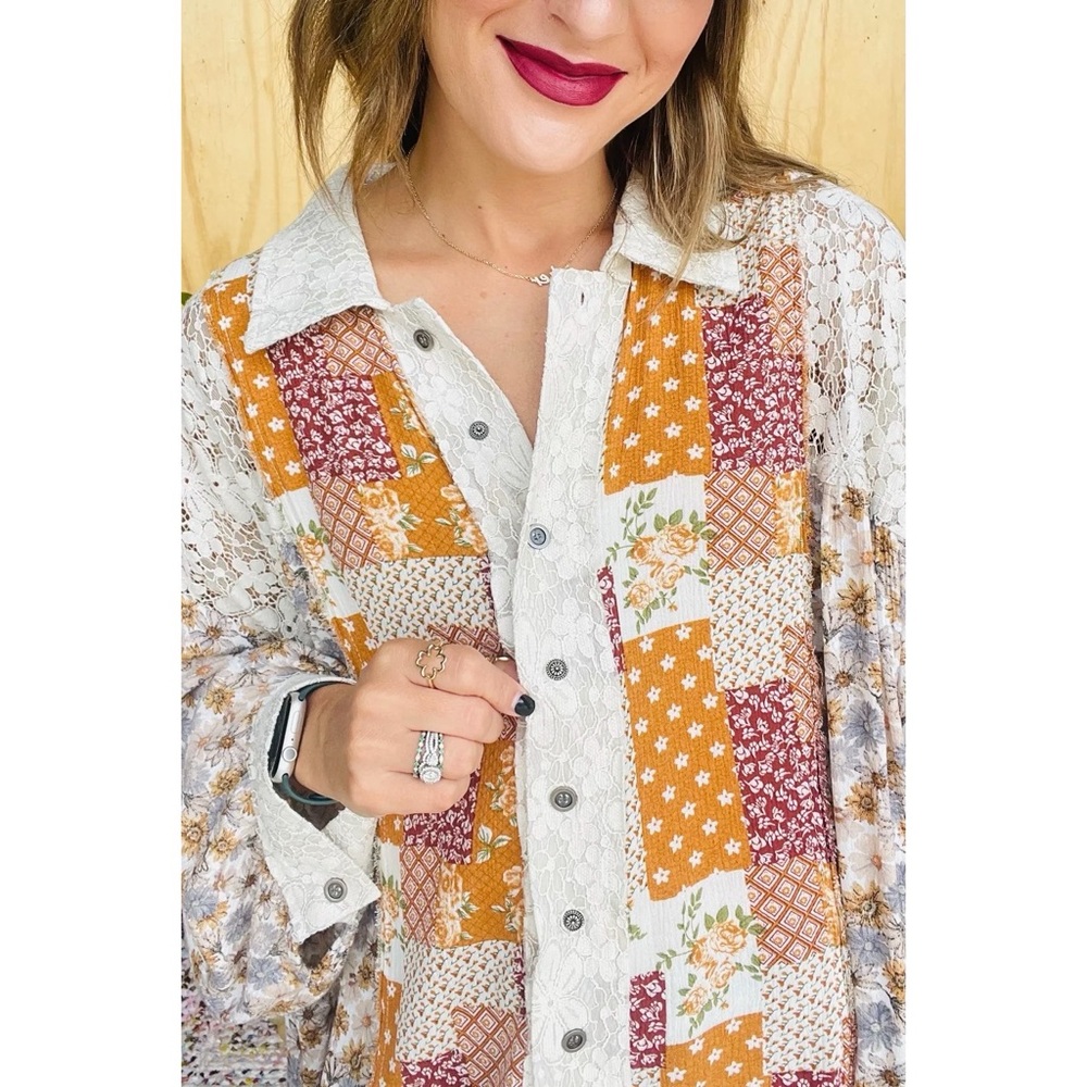 POL Floral + Lace Patchwork Button Down Shirt in Caramel Cream - Picture 12 of 15
